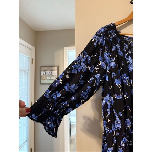 Talbots Plus Size 1X Smocked Midi Dress Black Lilac Floral Feminine Office - Picture 6 of 12